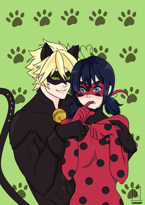 Ladybug ja Cat Noir suutelevat koiran kuvio -taustakuva — Leppäkerttu ja musta kissa suutelevat Taustakuvat