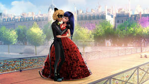 Ladybug ja Cat Noir suutelevat sillalla -taustakuva