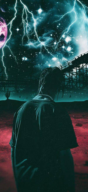 Astroworld-taustakuva, jossa esteettinen kuva Travis Scottista ja salama-tausta.