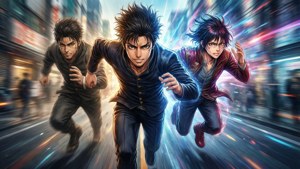 Takemichi juoksee ajan halki jaetun näytön efektillä eloisissa väreissä. — Tokyo revengers Taustakuvat