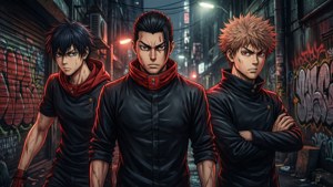 Dramaattinen ryhmätaustakuva Mikeystä, Drakenista ja Takemichistä Tokyo Revengers -sarjasta pimeällä kujalla. — Tokyo revengers Taustakuvat