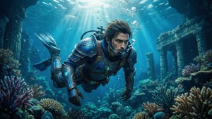 Link tutkii vedenalaisia raunioita Zora-panssariin pukeutuneena. — Zelda Taustakuvat