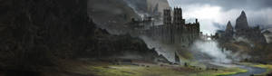 Keskiaikainen niitty vuoristo linna taustakuva — 3840x1080 Taustakuvat