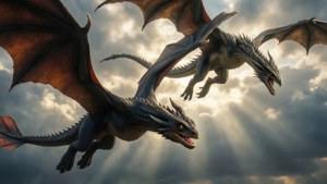 Kolme lohikäärmettä lentää majesteetillisesti pilvien läpi — Game of thrones kausi 8 Taustakuvat