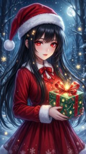 Anime-tyttö joulupukin asussa pitelee hehkuvaa lahjaa lumisessa metsässä