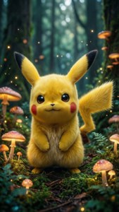 Pikachu lumotussa metsässä hehkuvien sienten kanssa — iPhone 8 Taustakuvat