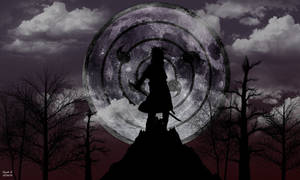 Sasuke Uchiha -taustakuva täysikuun kanssa, joka projisoi Infinite Tsukuyomi -genjutsua