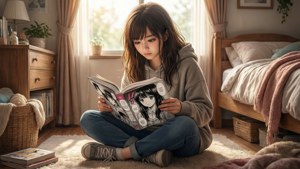 Rauhallinen kohtaus tytöstä, joka nauttii mangasta huoneessaan. — Manga GIF Taustakuvat