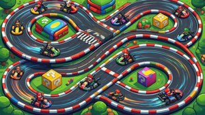 Isometrinen näkymä Mario Kart -kilparadasta, jossa karting-autot kilpailevat. — Nintendo Taustakuvat
