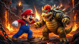 Toimintaa täynnä oleva välienselvittely Marion ja Bowserin välillä laavalinnassa.