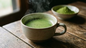 Matcha-vihreä teekuppi puupöydällä.