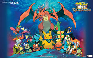 Pokemon Pikachu, Bulbasaur, Ivysaur, Charmeleon, Charizard ja Squirtle yhdessä muiden Pokemonien kanssa mysteeriluolassa.