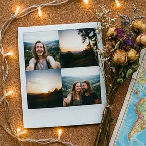 Polaroid-kollaasi matkoista naruvaloilla ja kukilla. — Indie estetiikka GIF Taustakuvat