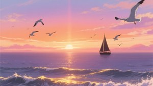 Upea anime-tyylinen auringonlasku meren yllä lämpimin värein ja nostalgiantunteella. — Anime maisema GIF Taustakuvat