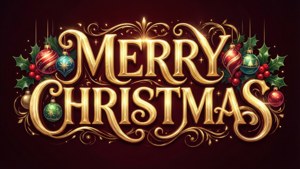 Anime-tyylinen 'Merry Christmas' -teksti koristeilla