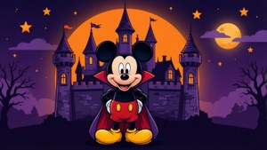 Mikki Hiiri vampyyrinä kummituslinnan edessä tasaisessa vektorityylissä
