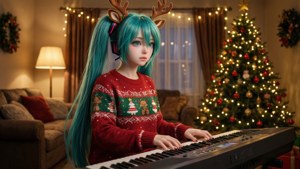 Hatsune Miku soittaa koskettimia jouluneulepuserossa