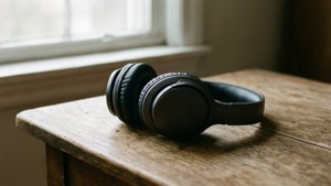 Rauhallinen kohtaus kuulokkeista puupöydällä pehmeässä valossa. — Musiikkia estetiikka Taustakuvat