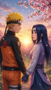 Romanttinen taustakuva Narutosta ja Hinatasta kirsikankukkien alla.