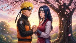 Romanttinen taustakuva Narutosta ja Hinatasta kirsikankukkien alla — Anime pari GIF Taustakuvat