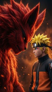 Naruto seisomassa Yhdeksänhäntäisen ketun edessä.