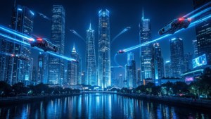 Futuristinen kaupunkimaisema, jota hallitsevat neoninsiniset valot — Neon sininen Taustakuvat