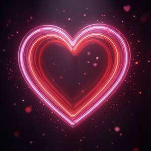 Hehkuva neon sydän leijuu pimeässä tilassa hiukkasten ympäröimänä.