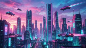 Futuristinen kaupunkisilhuetti hämärässä neonvaloin vaaleanpunaisena ja syaaninsinisenä.