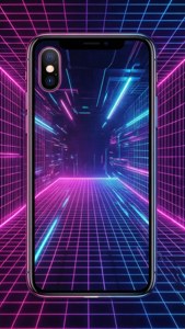 Kyberpunk-taustakuva, jossa iPhone X neonruudukolla.