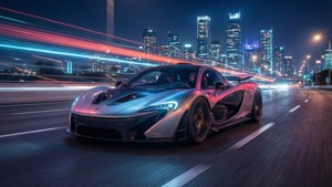 Urheiluauto neonvalaistulla moottoritiellä yöllä ultraleveänä. — 2560x1080 Taustakuvat