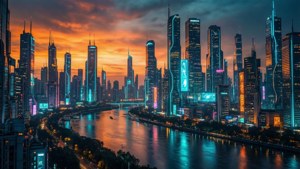Futuristinen ultralaaja kaupunkimaisema neonheijastuksin