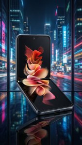 Z Flip 5 auki futuristisessa neonvalaistussa kaupungissa, yhdistäen teknologian ja kaupunkiyöelämän.