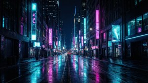 Elävä neonkaupunkimaisema syvillä mustilla OLED-näytöille.