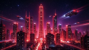 Futuristinen neonpunainen kaupunkisilhuetti yöllä kyberpunk-estetiikalla. — Neonpunainen Taustakuvat