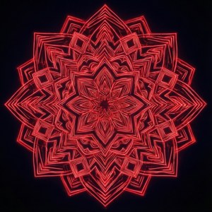 Monimutkainen neonpunainen geometrinen mandala mustalla taustalla, trippimäinen ja meditatiivinen muotoilu.