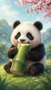 Suloinen kawaii-panda nauttii bambusta keväällä. — Kawaii Taustakuvat