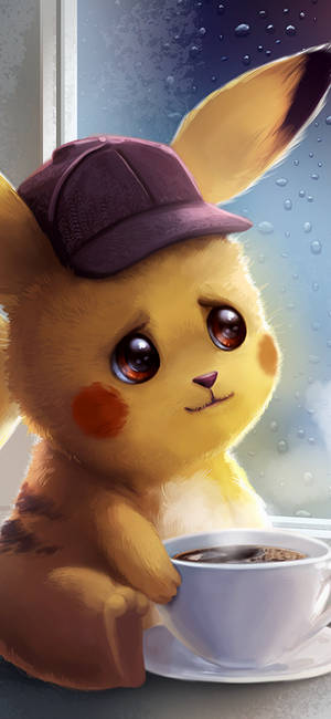 Pikachu kahvikupin kanssa -taustakuva — iPhone X Taustakuvat
