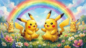 Söpö akvarelli Pikachusta leikkimässä kukkakedolla sateenkaaren kanssa. — Nintendo Taustakuvat