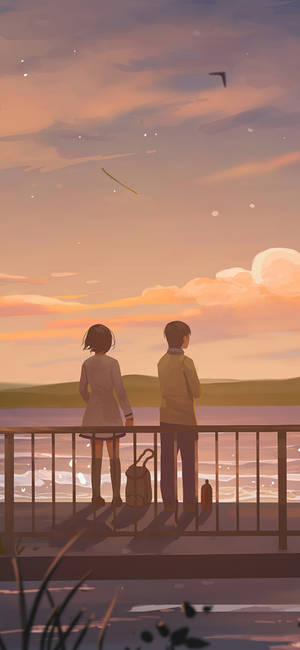 Poikaystävä ja tyttöystävä katsomassa järveä -taide — Anime maisema GIF Taustakuvat