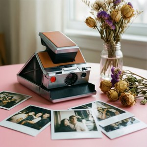 Pehmeä pastelliväri asetelma, jossa on vintage Polaroid-kamera ja valokuvia — Retro estetiikka Taustakuvat