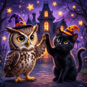 Söpö pöllö ja kissa antavat ylävitoset Halloween-hatuissa kummitustalon lähellä.