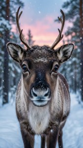 Suloinen poro suurilla silmillä rauhallisessa talvimetsässä hämärässä. — Suloiset joulu Taustakuvat