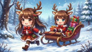 Chibi-animetytöt poroina vetämässä rekeä lahjojen kanssa