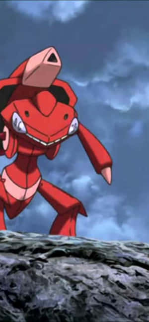 Punainen Genesect-pokémon seisomassa kivellä — Huawei nova 16s Taustakuvat