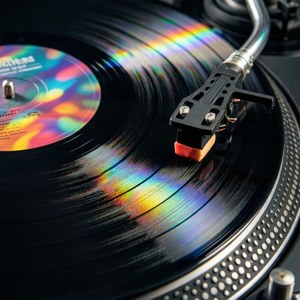 Makrokuva vinyylilevystä, jossa on värikkäitä valonheijastuksia. — Musiikkia estetiikka Taustakuvat