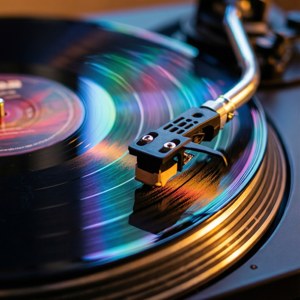 Makrokuva levysoittimesta värikkäine valonheijastuksineen. — Musiikkia estetiikka Taustakuvat