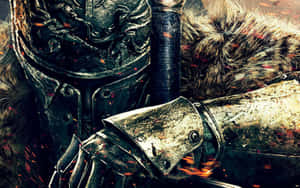 Raivokas soturi kultaisessa haarniskassa, jonka takana pimeydessä vaanii hurja lohikäärme — Dark souls Taustakuvat