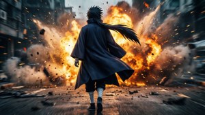 Itachi kävelee rauhallisesti pois valtavasta räjähdyksestä