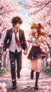 Takemichi ja Hinata juoksevat yhdessä romanttisessa kirsikankukkakohtauksessa. — iPhone 6 Taustakuvat