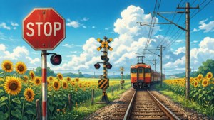 Anime-tyylinen rautatien ylitys auringonkukkakenttien ympäröimänä.